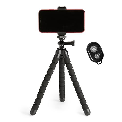 Amazon Basics Portable and Flexible Tripod with Wireless Remote and Smartphone Clamp, 10-inch, Black