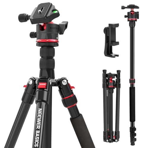 NEEWER Basics 72" / 182 cm Travel Tripod Monopod for Camera, Compact Lightweight Portable Video Recording Stand, Arca Type Ball Head, Cell Phone Holder Compatible with iPhone, Max Load 13.2 lb, TP14B