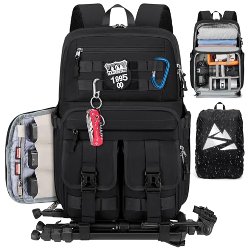 RAINSMORE Camera Bag Backpack for DSLR/SLR/Mirrorless Camera Bags for Photographers 15.6 Inch Waterproof Tactical Photography Case with Rain Cover & Tripod Holder, Black