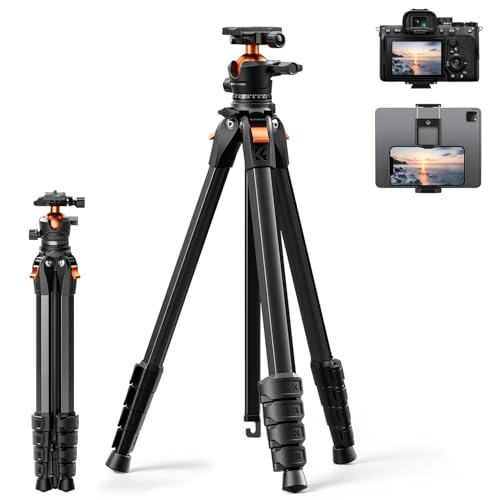 K&F CONCEPT 63" Aluminum Travel Tripod for Camera/Phone, 2.6 lbs Compact Lightweight with Arca Ball Head, 22 lbs Max Load Heavy Duty for DSLR Mirrorless iPhone Video Recording